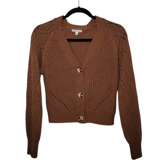 Derek Heart Cropped Cardigan Brown Cable Knit V-Neck Size Small - Picture 1 of 8